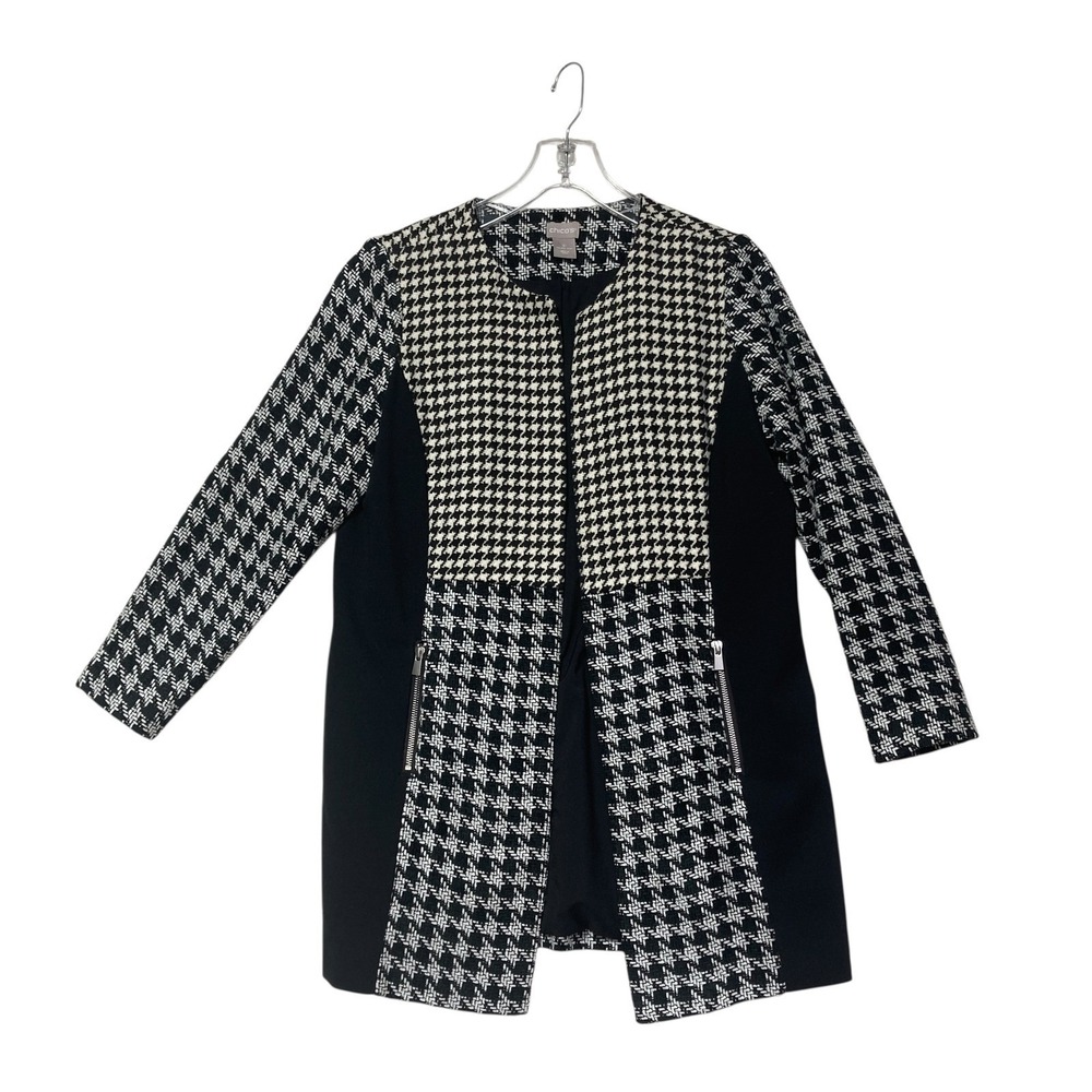 Chicos Womens 1P‎ Black White Mixed Houndstooth Open Front Longline Jacket Coat